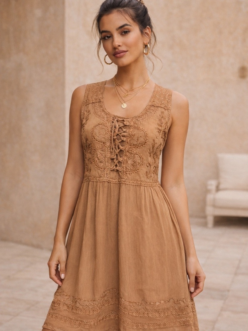 Rhea Boho Lace-Up Embroidered Dress S/M Tan Brown Handmade